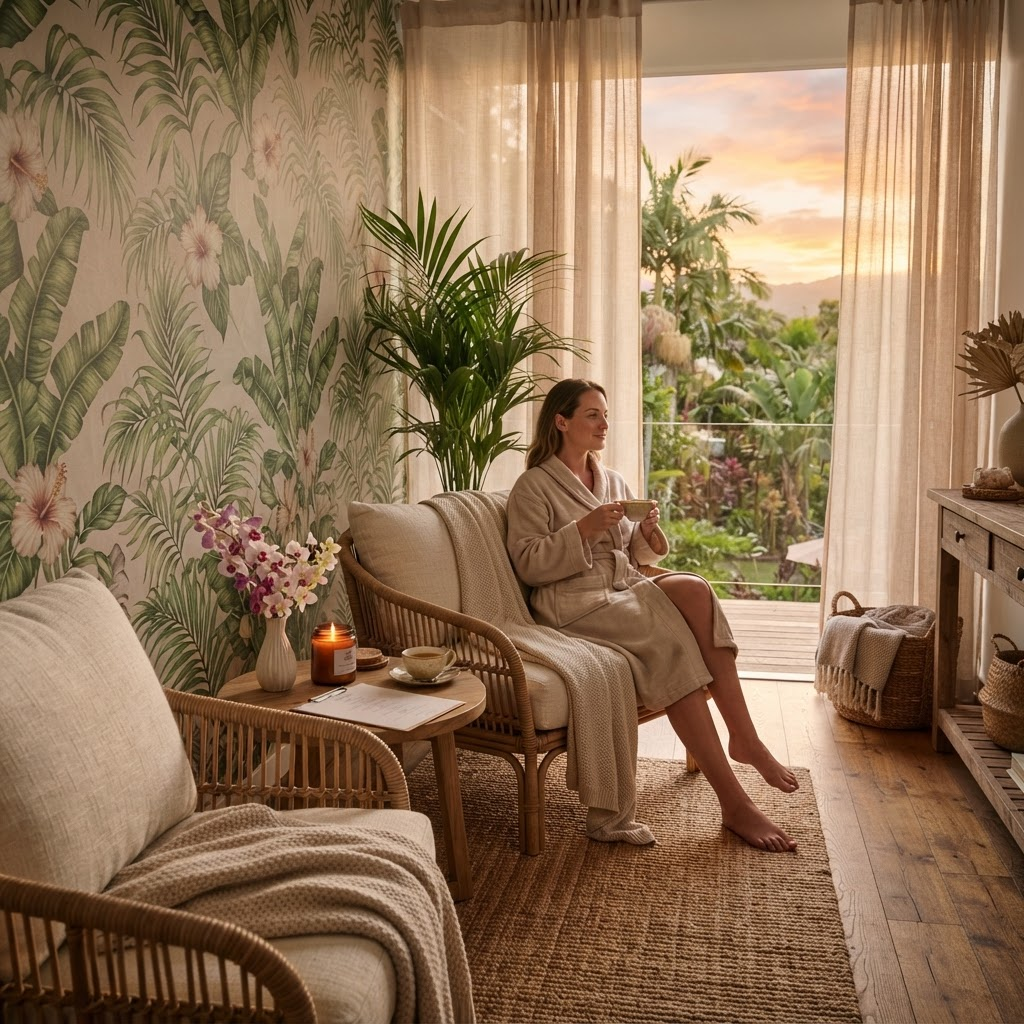 Cozy rattan relaxation lounge with orchids
