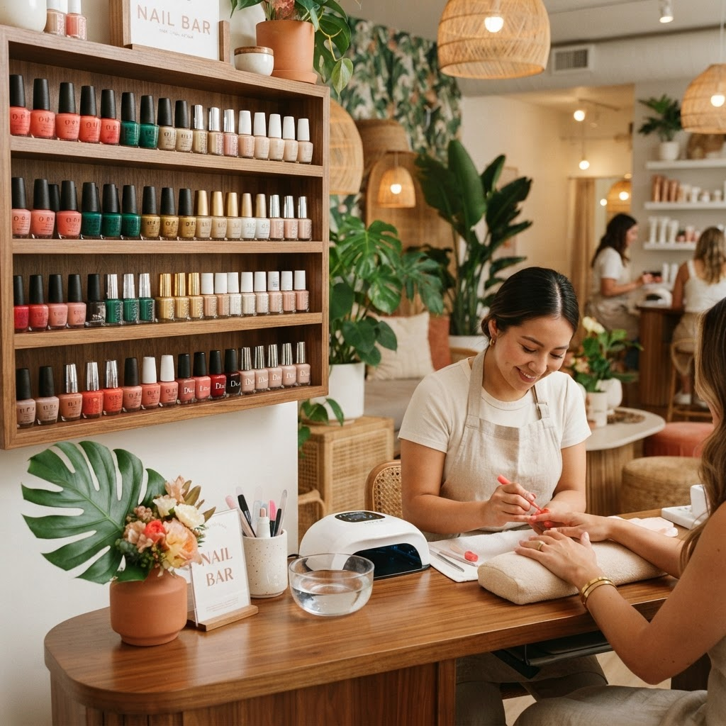 Nail polish bar with rows of coral and jade lacquers