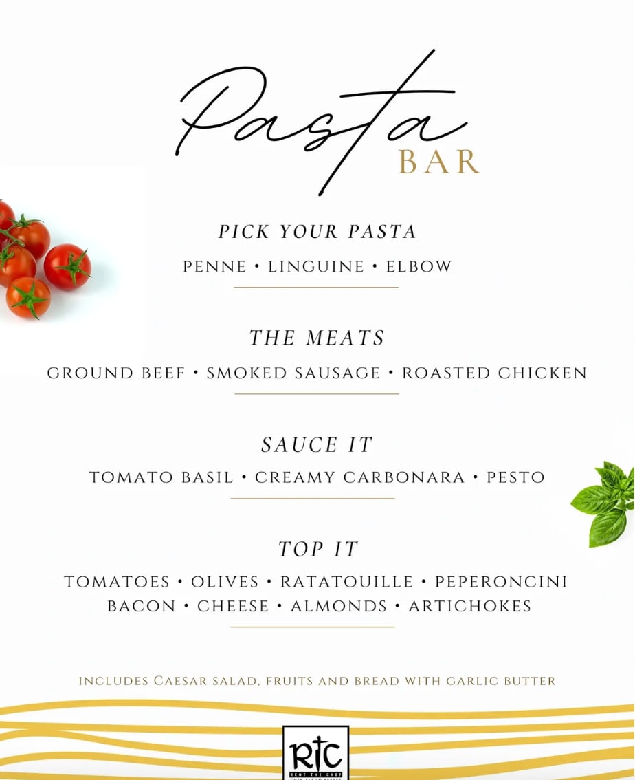 Rent The Chef pasta bar menu card