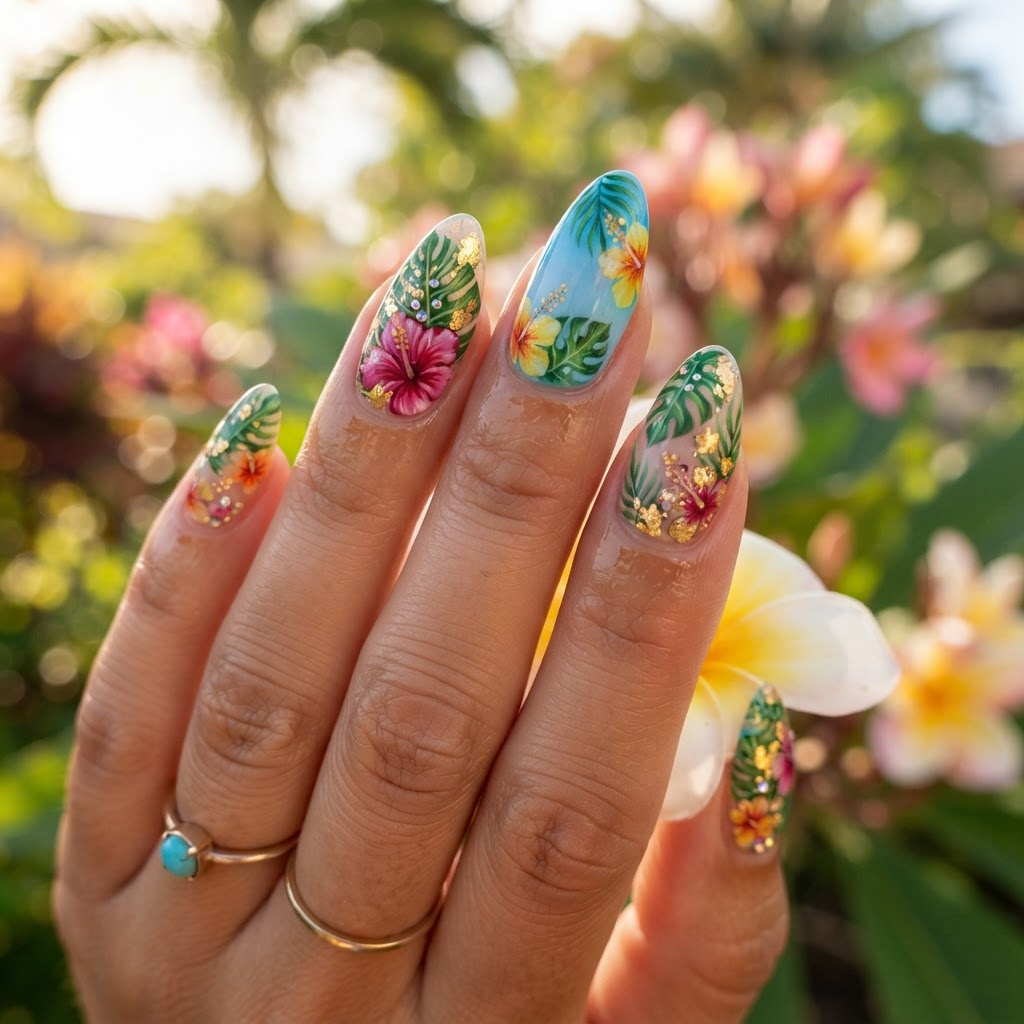 Hand-painted tropical nail art with gold foil